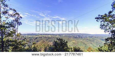 Panoramic view of the landscape seen from the hill called "La Espenuca" in Galicia (Spain). With typical Atlantic vegetation very green and a very blue sky no people