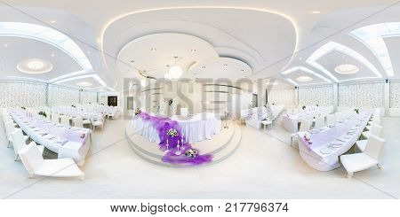 GRODNO BELARUS - MAY 29 2012: Panorama in interior in white banquet hall. Full 360 degree seamless panorama in equirectangular equidistant spherical projection