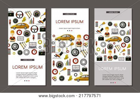 vector flat poster set with car service symbols patterns. Man professional mechanis, car parts repairing process, tools, equipment and laptop with growing performance graph. Illustration isolated
