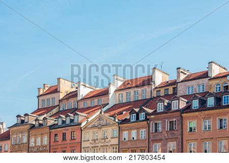 View of the old buildings roofs in the Old town in Warsaw, Poland.