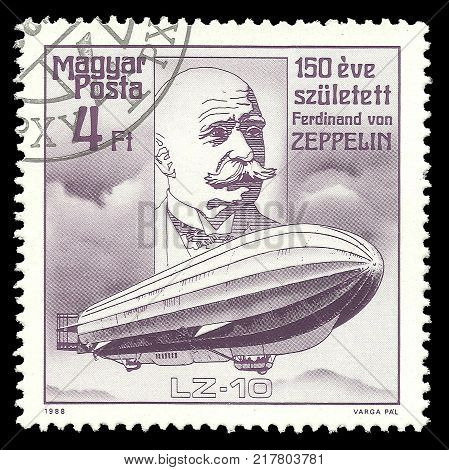 Hungary - stamp printed 1988 Multicolor Edition offset printing Topic Aviation Series 150th anniversary of the birth of the German airship designer Ferdinand von Zeppelin Lz 10 Schwaben