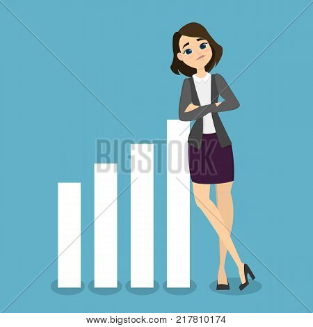 Isolated businesswoman leaning on growing data chart.