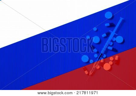 Medical syringe with doping against the background of the flag of Russia. Concept of doping in sport