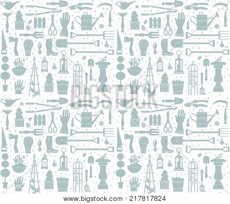 Vector set of gardening tools. Agriculture equipmen for design. Silhouettes of garden items and plants. Seamless pattern.