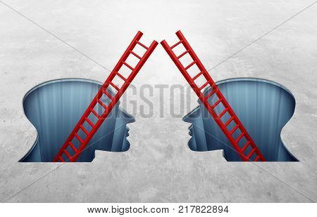Reconciliation concept and accomodation symbol as two holes shaped as human heads with ladders meeting together as a psychology or business team as a 3D illustration.