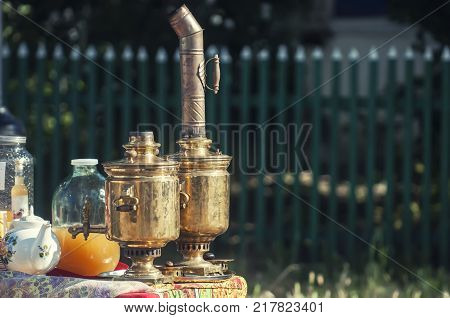 Two Tula samovars. Different household samovars for tea. The national life of Russia.
