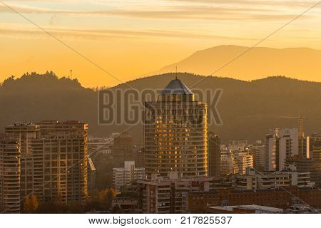 Skyline of buildings at a wealthy neighborhood in Las Condes district Santiago de Chile
