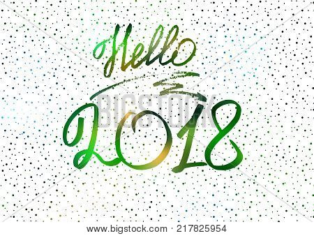 Hello 2018. New Year 2018. New Year's greeting card cover banner. Christmas tree. New Year's lights. Snow. White Holographic