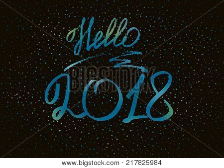 Hello 2018. New Year 2018. New Year's greeting card cover banner. Blue background. New Year's lights. Snow. Holographic
