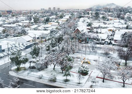 Santiago Region Metropolitana Chile - July 15 2017: The city was completely covered by snow an unusual phenomenon that happens once every 20 years.