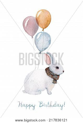A Happy Birthday card made in watercolor with illustration of a white rabbit wearing a warm knitted scarf. With balloons behind him. For a birthday of the dearest friend!