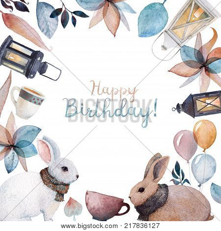 A Happy Birthday card frame with watercolor illustrations. Rabbits wrapped in knitted scarfs, lanterns, balloons, tea cups and fallen leaves. For a birthday of the dearest friend!