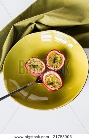 Three Halves Of Passion Fruit (passiflora Edulis Also Known As Maracuya Parcha Grenadille Maracuja A