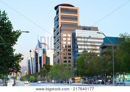 Santiago Region Metropolitana Chile - February 07 2017: The Apoquindo Avenue one of the most important streets in the city for the location of high profile corporate and office buildings.