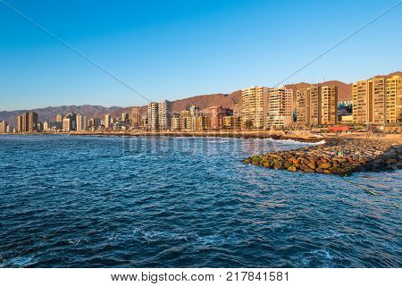 Antofagasta Region de Antofagasta Chile - April 19 2017: Panoramic view of the coastline of Antofagasta know as the Pearl of the North and the biggest city in the Mining Region of northern Chile.