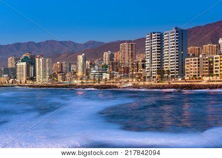 Antofagasta Region de Antofagasta Chile - April 19 2017: Panoramic view of the coastline of Antofagasta know as the Pearl of the North and the biggest city in the Mining Region of northern Chile.