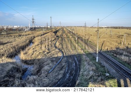 Plot Railway. Top View On The Rails. High-voltage Power Lines For Electric Trains.