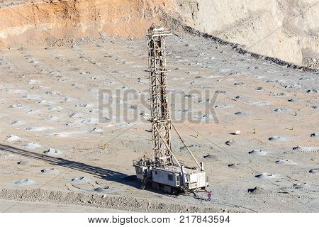Copiapo Region de Atacama Chile - January 17 2012: Preparation for a blasting in a Copper mine at northern Chile.