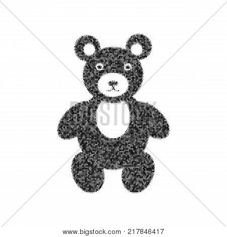 Teddy bear sign illustration. Vector. Black icon from many ovelapping circles with random opacity on white background. Noisy. Isolated.