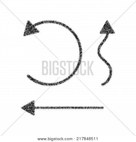 Simple set to Interface Arrows. Vector. Black icon from many ovelapping circles with random opacity on white background. Noisy. Isolated.
