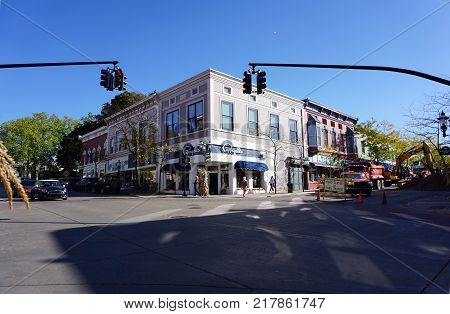 PETOSKEY, MICHIGAN / UNITED STATES - OCTOBER 18, 2017: Pappagallo sells women's clothing, footwear and accessories, in the historic Connable Building, at the corner of Howard and Lake Streets in downtown Petoskey.