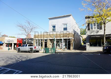 PETOSKEY, MICHIGAN / UNITED STATES - OCTOBER 18, 2017: B. Jeweled sells women's clothing and accessories, on Howard Street in downtown Petoskey.
