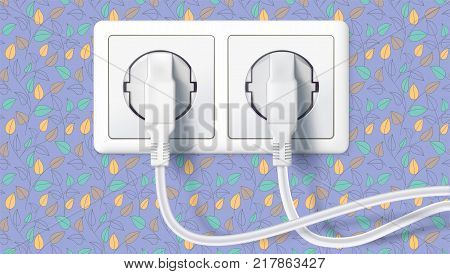 Two white plug inserted in a wall socket on backdrop of wall with colorful Wallpaper. The plug is plugged into the power lines with electric cord. Icon of connecting electrical appliances.