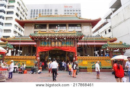 Singapore - 27 Nov 2017 : Many people walking in front of Kwan Im Thong Hood Cho Temple is a traditional Chinese temple, Bugis , Singapore