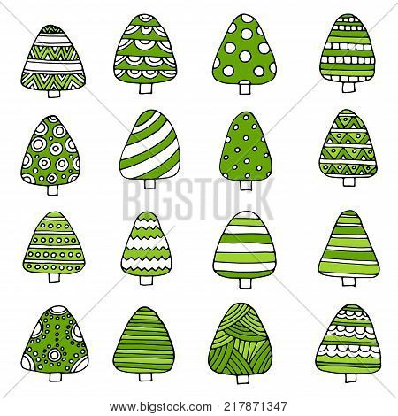 Hand Drawn Set Of Christmas Trees. Holidays Background. Abstract Doodle Drawing Woods. Vector Art Il