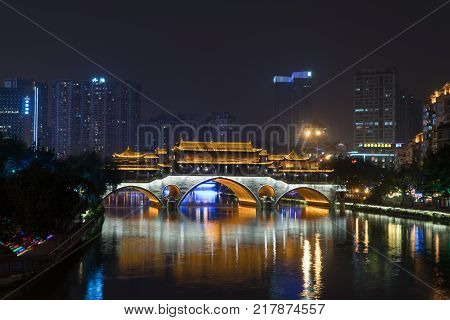 CHENGDU CHINA - NOV 24: Anshun Bridge Light Up at Night in Chengdu China Nov 24 2017