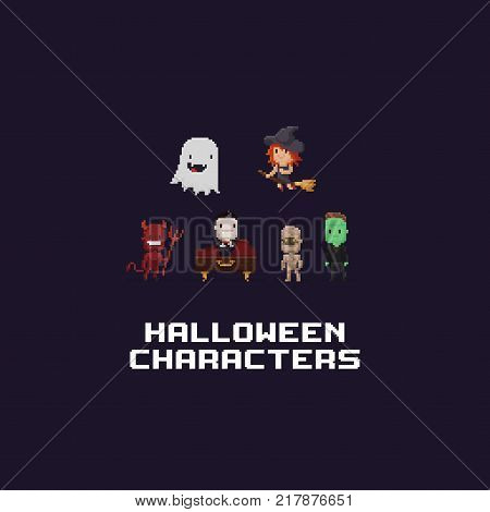 Pixel art 8-bit retro halloween party characters