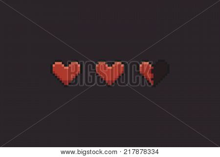 Pixel art hearts isolated on dark background