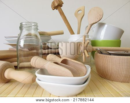 Kitchen utensils or kitchenware without plastic on table