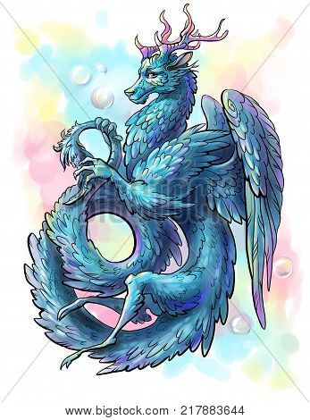 blue feathered dragon on a light background