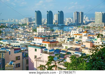 panorama of the city of Sanya, a view of the city in the highest point, the island of the Phoenix. Asia