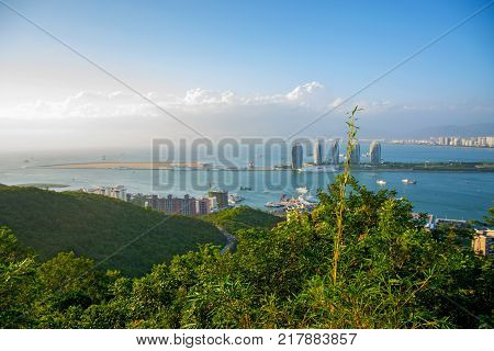 panorama of the city of Sanya, a view of the city in the highest point, the island of the Phoenix. Asia