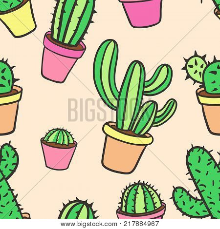 Seamless pattern with cactus. Pattern of cactus. Cacti in pots. Vector background. Cute cartoon cactus pattern.