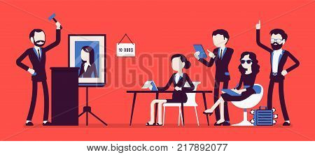 Auction public sale. Potential buyers making higher bids to get goods, property, participants, auctioneer announcing prices with hammer. Vector business concept illustration with faceless characters