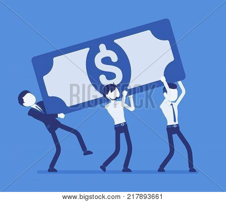 Weight of capital. Young businessmen holding heavy dollar banknote, money fund needing to lift, financial investment difficult to carry. Vector business concept illustration, faceless characters