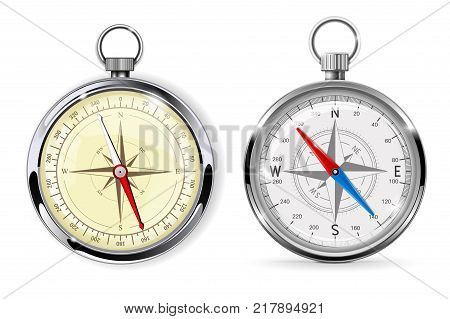 Compass. Navigation equipment, metal gauge. Vector 3d illustration isolated on white background