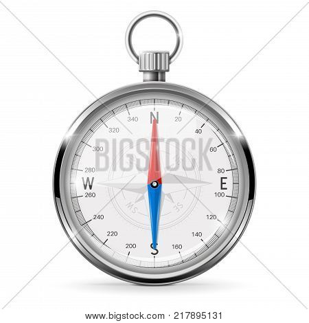 Compass. Navigation equipment, metal gauge. Vector 3d illustration isolated on white background