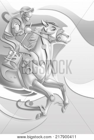 jockey on a galloping horse. Image styled cut from white paper