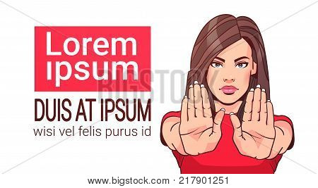 Woman Showing Stop Sign With Raised Hand Portrait Female No Gesture On White Background Vector Illustration