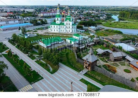Yalutorovsk, Russia - August 20, 2017: Aerial view on Sretensky cathedral and Sretensky fortress. Church was demolished at 1931. It is newly restored in 2009. Siberia