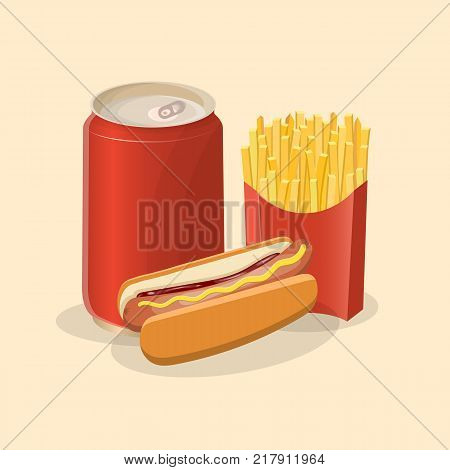 Hot dog, french fries and soda in a tin can- cute cartoon colored picture. Graphic design elements for menu, poster, brochure. Vector illustration of fast food for bistro, snackbar, cafe or restaurant