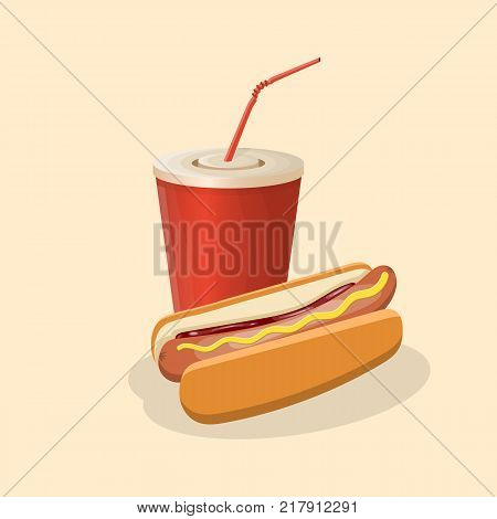 Hot dog and soda cup - cute cartoon colored picture. Graphic design elements for menu, poster, brochure. Vector illustration of fast food for bistro, snackbar, cafe or restaurant
