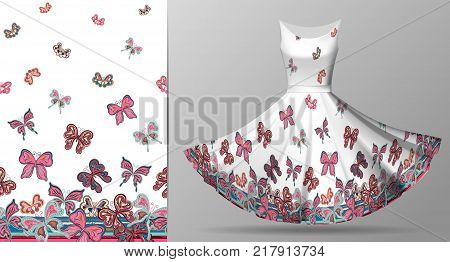 Vertical seamless pattern with hand draw butterfly on dress mockup. Vector. Pastel blue pink beige on white