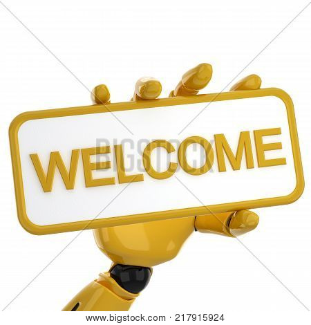 Gold robotic hand hold a plate with word welcome . Including clipping path.