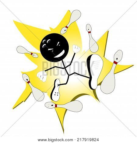 Vector image of cartoon bowling ball collapsing skittles in strike