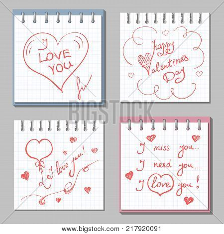 I love you. Happy Valentines day. Red Heart Shape on Note Paper sheet. Set of romantic messages. Vector handwritten text